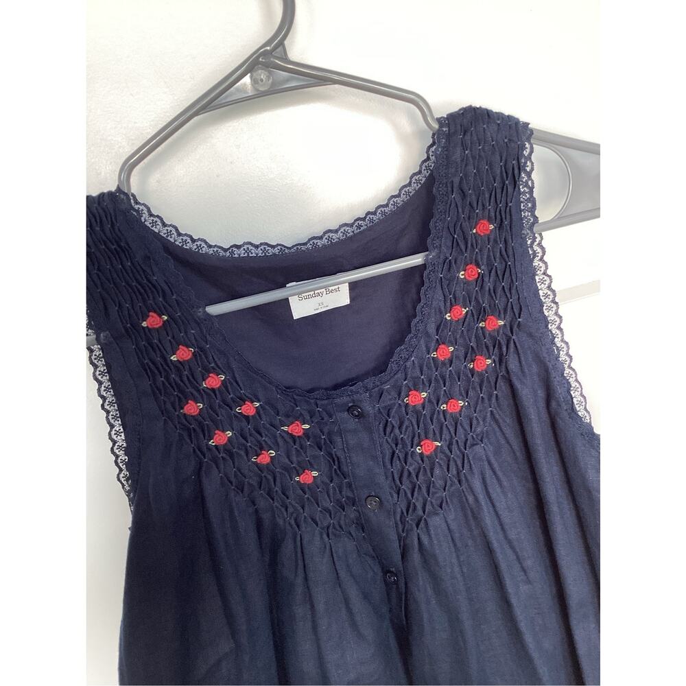 Aritzia Sunday Best Karina Linen Smocked Babydoll Dress XS navy blue lace rose - Picture 6 of 14